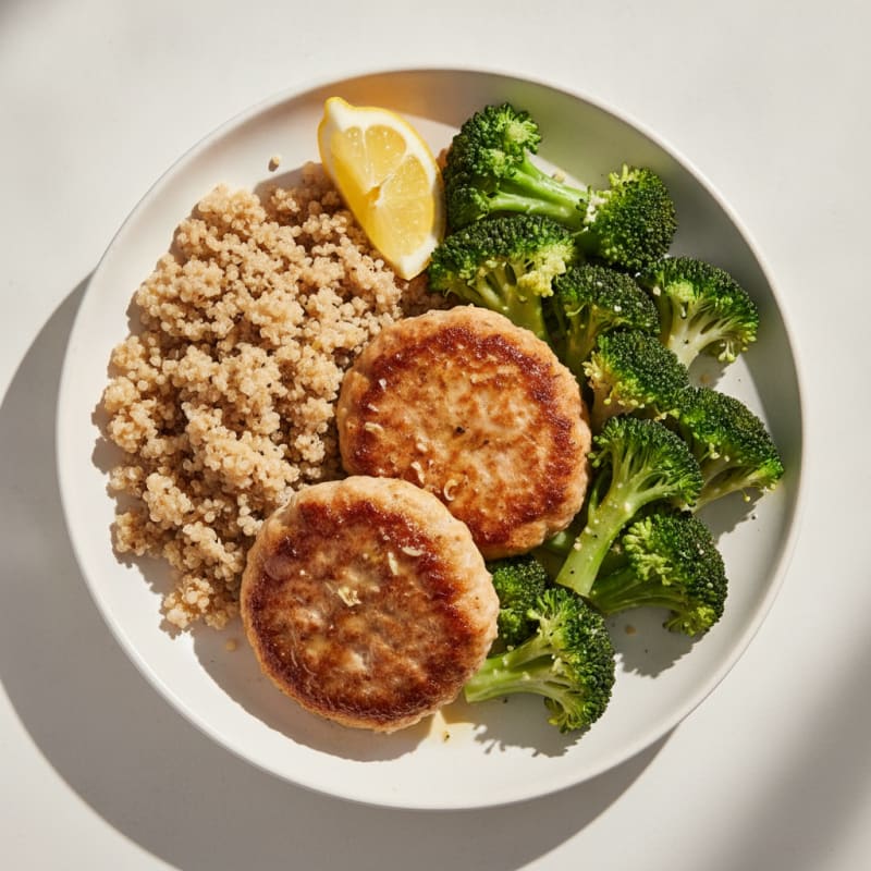 Seared Turkey Patties with Steamed Broccoli and Quinoa
