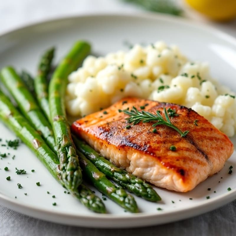 Seared Salmon Fillet with Steamed Asparagus and Cauliflower Mash