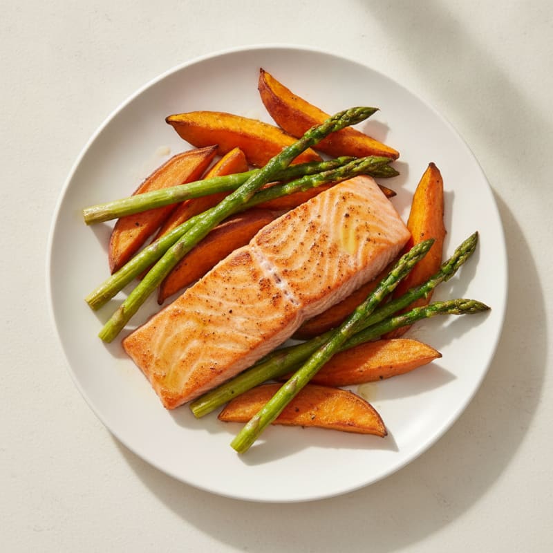 Seared Salmon Fillet with Roasted Sweet Potato and Asparagus