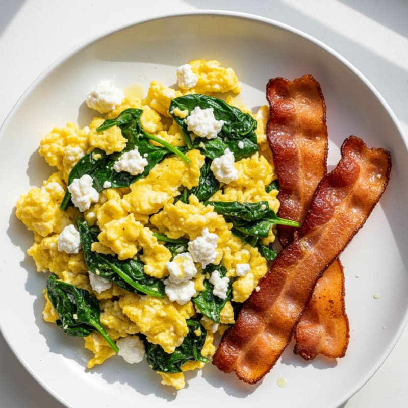 Cottage Cheese Egg Scramble with Spinach and Turkey Bacon