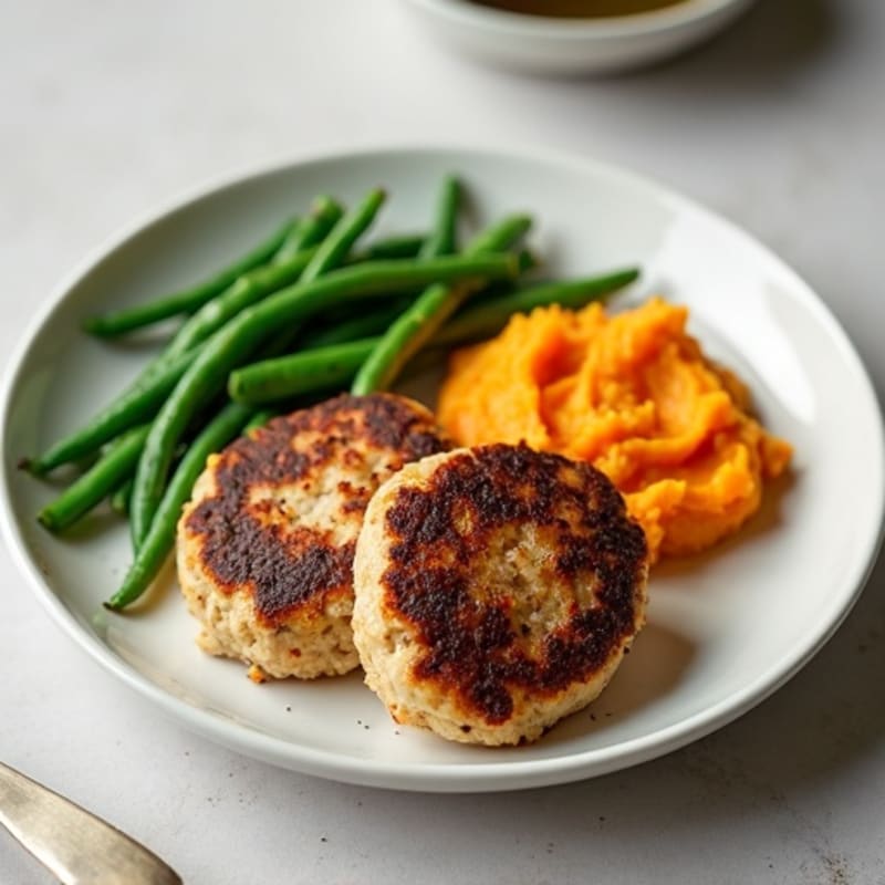 Seared Turkey Patties with Steamed Green Beans and Sweet Potato Mash