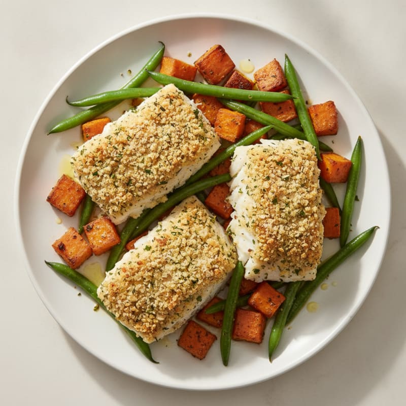 Baked Herb-Crusted Cod with Roasted Sweet Potato and Green Beans
