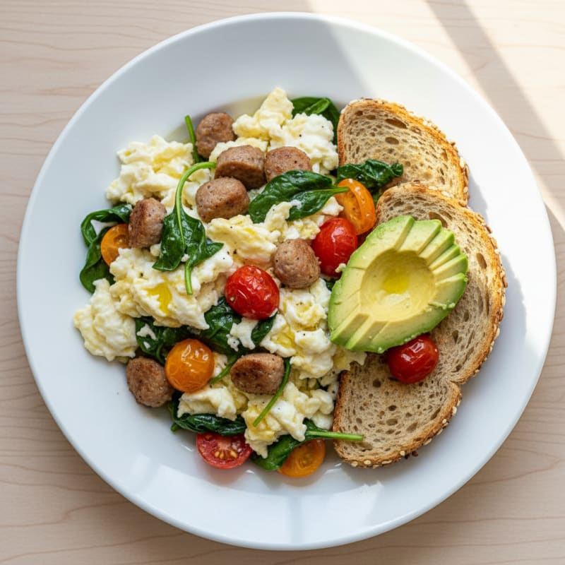 Egg White and Turkey Sausage Scramble with Spinach and Tomatoes