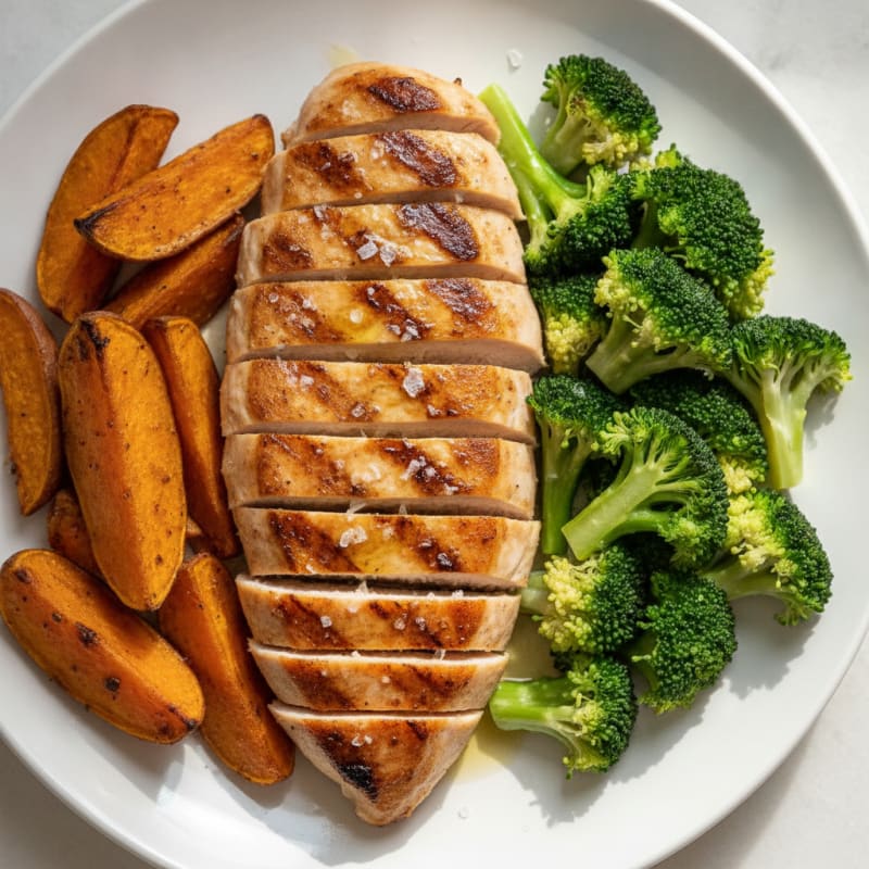 Grilled Chicken Breast with Roasted Sweet Potato and Steamed Broccoli