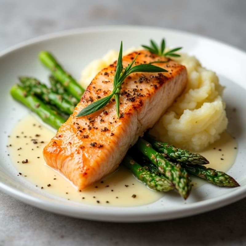 Seared Salmon Fillet with Steamed Asparagus and Garlic Mashed Potatoes