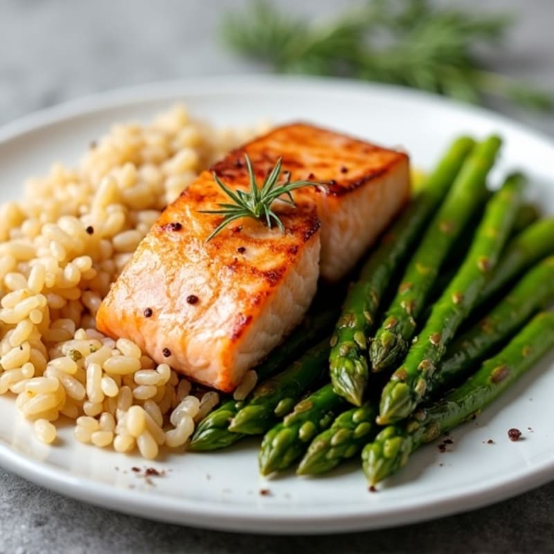 Seared Salmon with Steamed Asparagus and Brown Rice