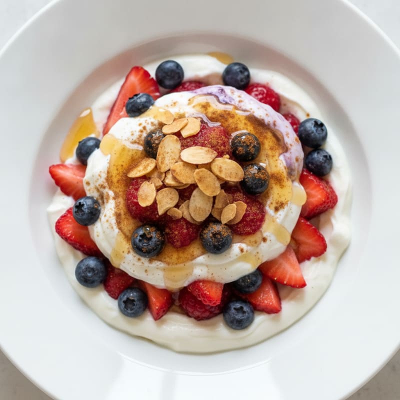 Creamy Greek Yogurt Parfait with Berries and Sliced Almonds