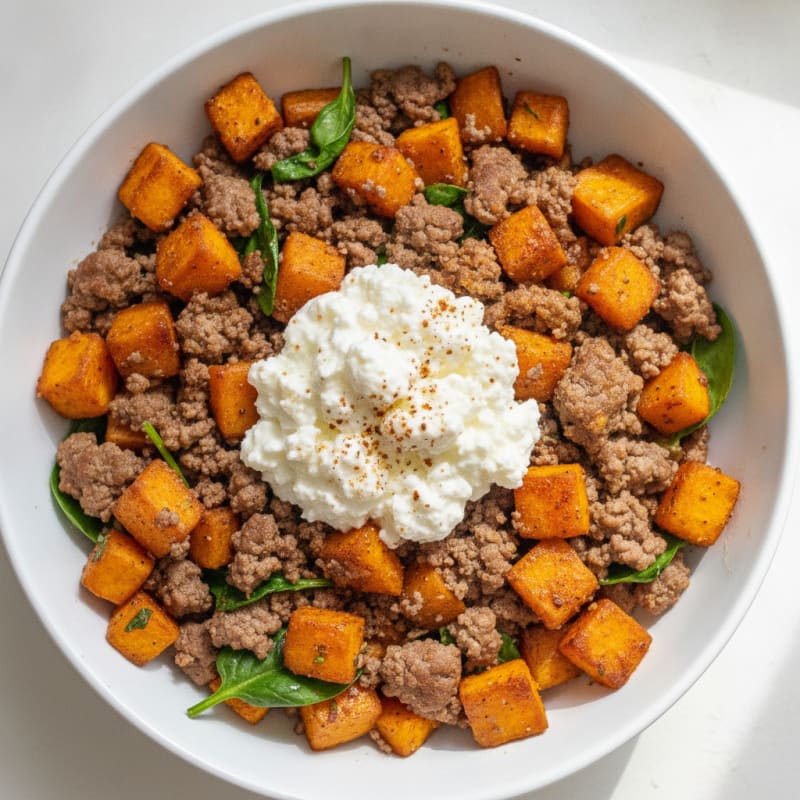 Sweet Potato Bowl with Ground Beef and Cottage Cheese