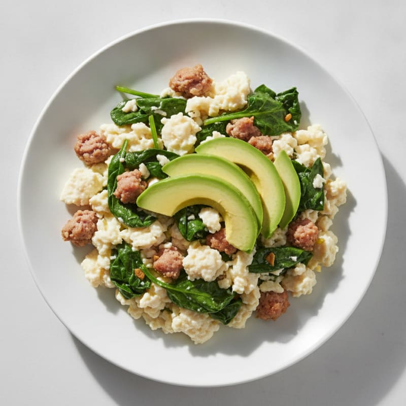 Scrambled Egg Whites with Turkey Sausage and Sautéed Spinach