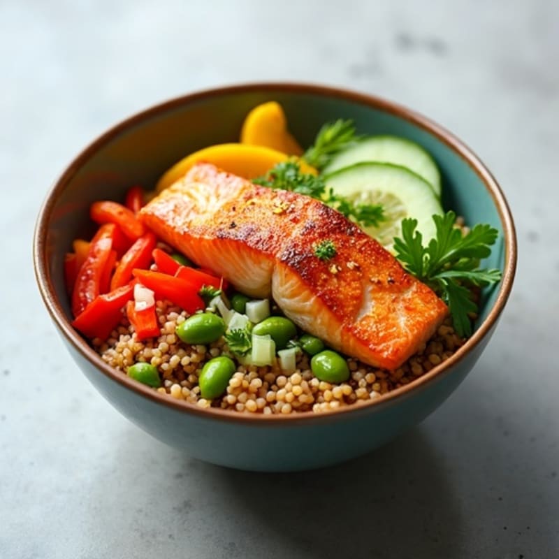 Crispy Salmon and Fresh Vegetable Rice Bowl