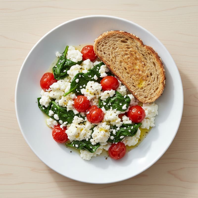 Cottage Cheese and Egg White Scramble with Spinach and Cherry Tomatoes