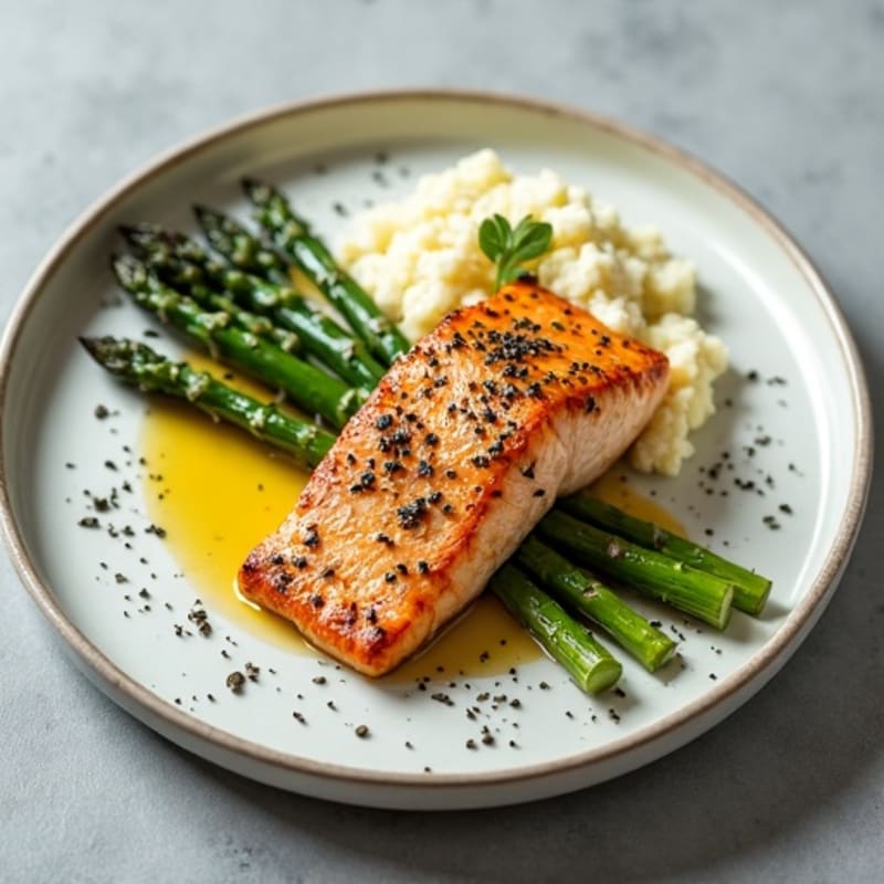 Seared Salmon Fillet with Roasted Asparagus and Cauliflower Mash