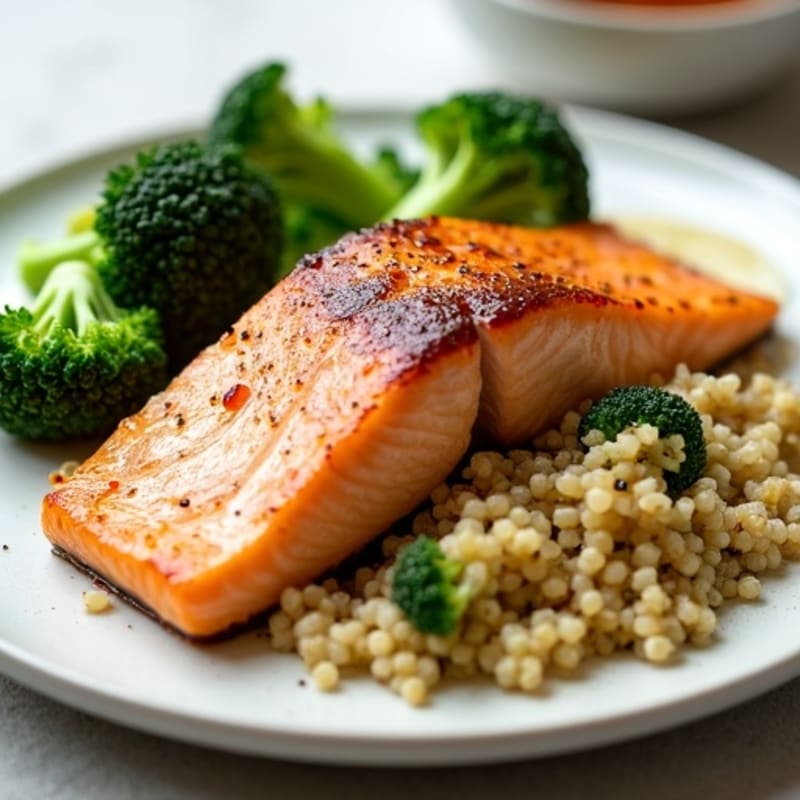 Seared Salmon with Steamed Broccoli and Quinoa