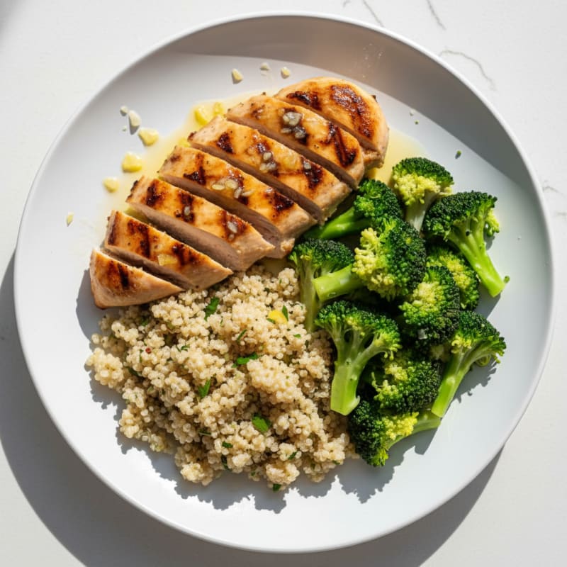Grilled Lemon-Garlic Chicken Breast with Quinoa and Steamed Broccoli