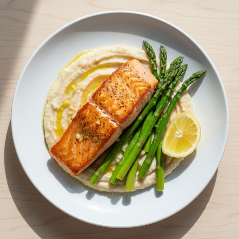 Seared Salmon Fillet with Creamy White Bean Mash and Steamed Asparagus