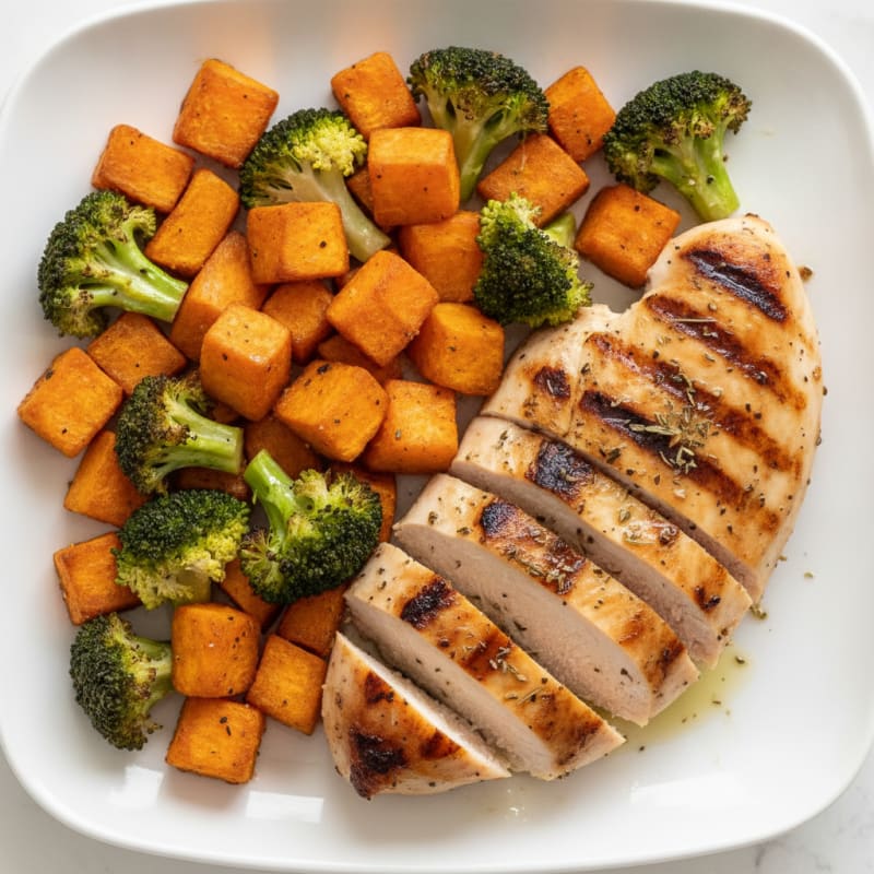 Grilled Chicken Breast with Roasted Sweet Potato and Broccoli