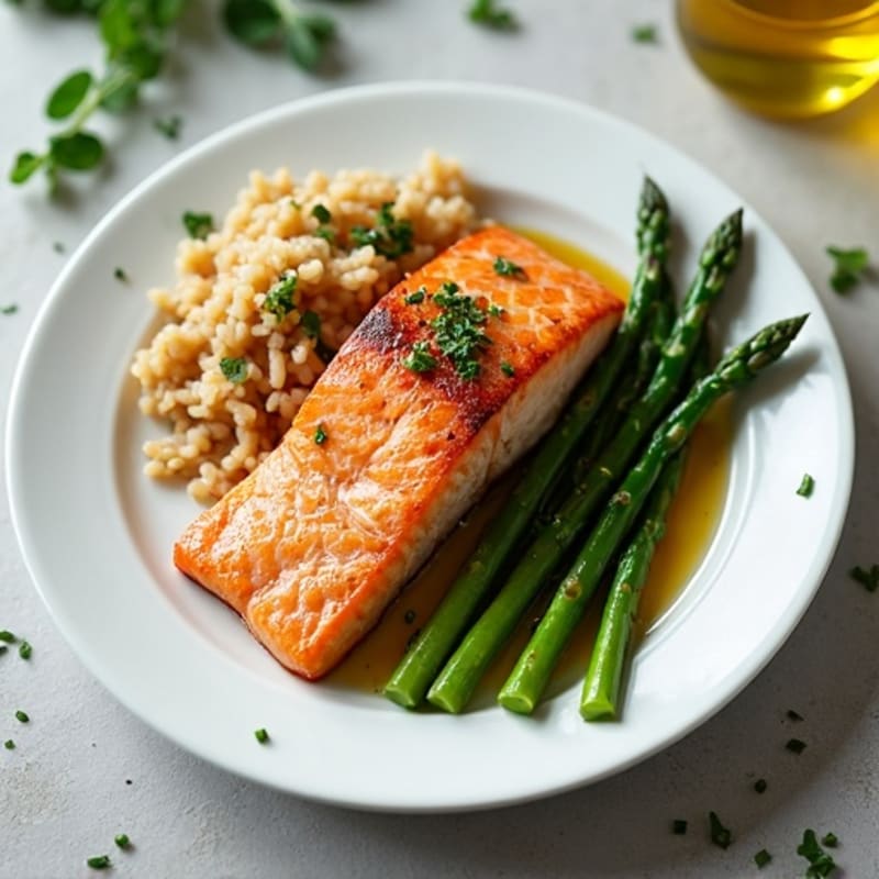 Seared Salmon with Steamed Asparagus and Brown Rice