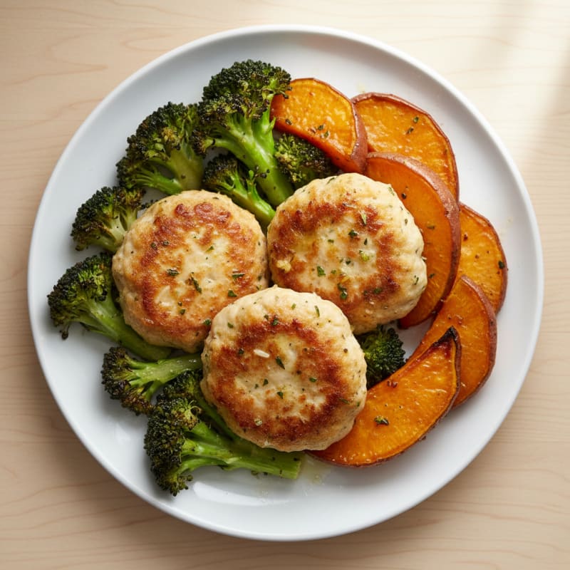 Roasted Ground Chicken Patties with Crispy Broccoli and Baked Sweet Potato