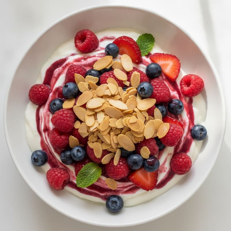 Greek Yogurt Protein Parfait with Mixed Berries and Almonds