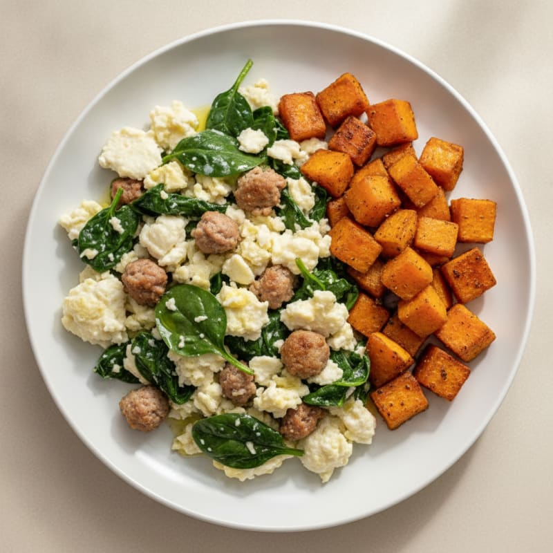 Egg White and Turkey Sausage Scramble with Spinach and Roasted Sweet Potato