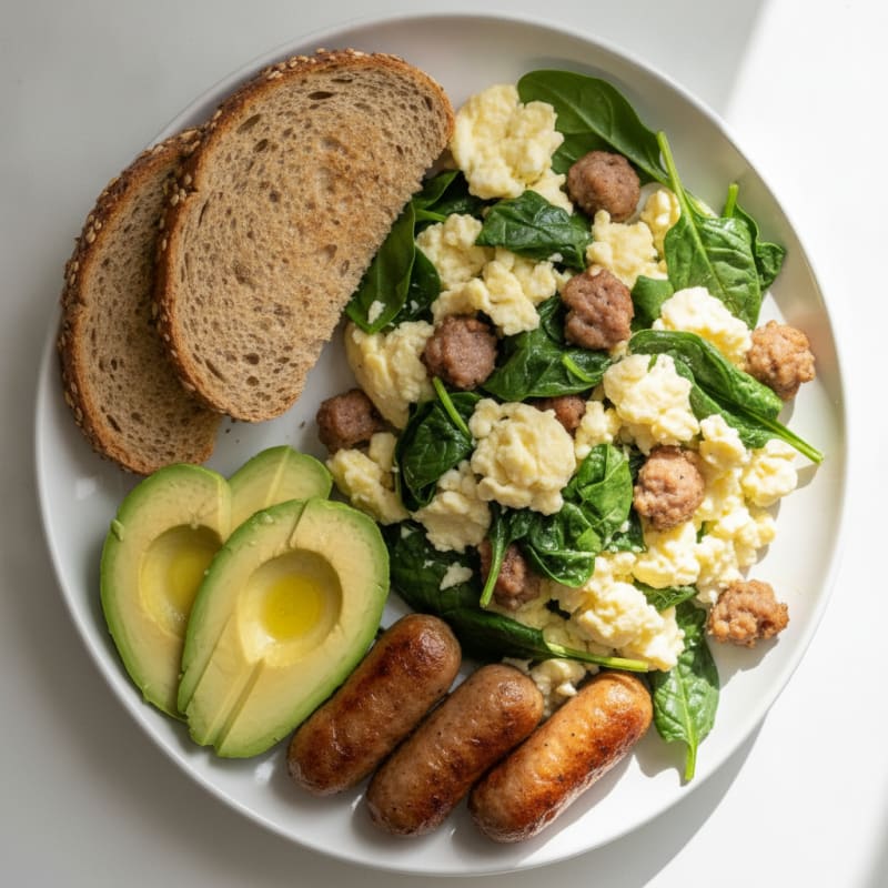 Egg White Scramble with Turkey Sausage and Sautéed Spinach