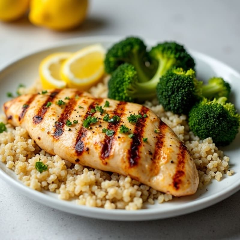 Grilled Lemon-Garlic Chicken Breast with Quinoa and Roasted Broccoli