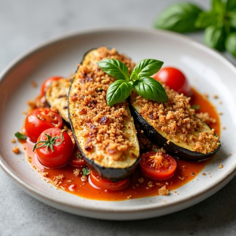 Crispy Baked Aubergine with Fresh Tomato Basil Sauce and Grilled Chicken
