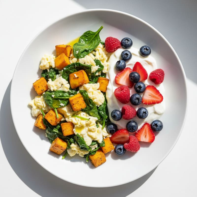 Egg White and Spinach Scramble with Greek Yogurt and Mixed Berries