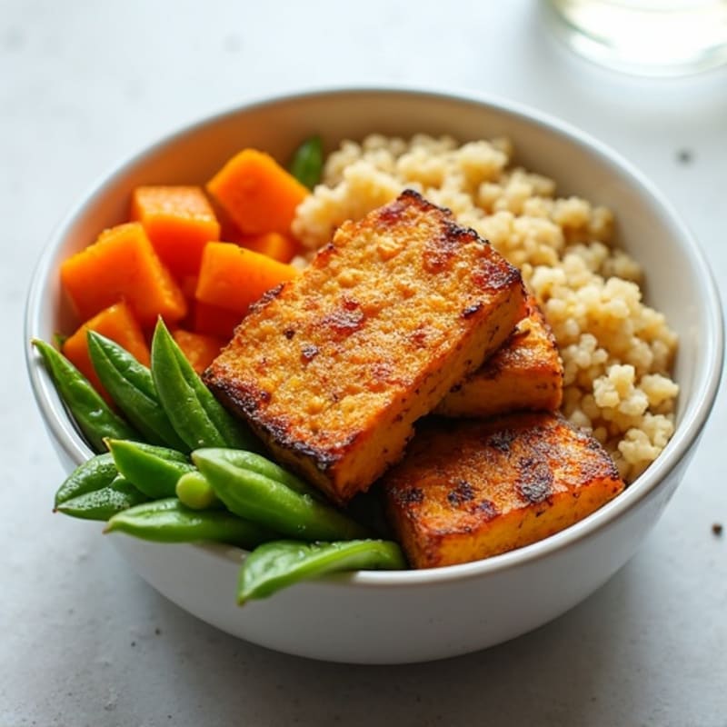 Crispy Baked Tofu with Roasted Sweet Potato Quinoa Bowl