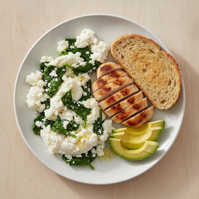 Egg White and Cottage Cheese Scramble with Grilled Chicken and Spinach