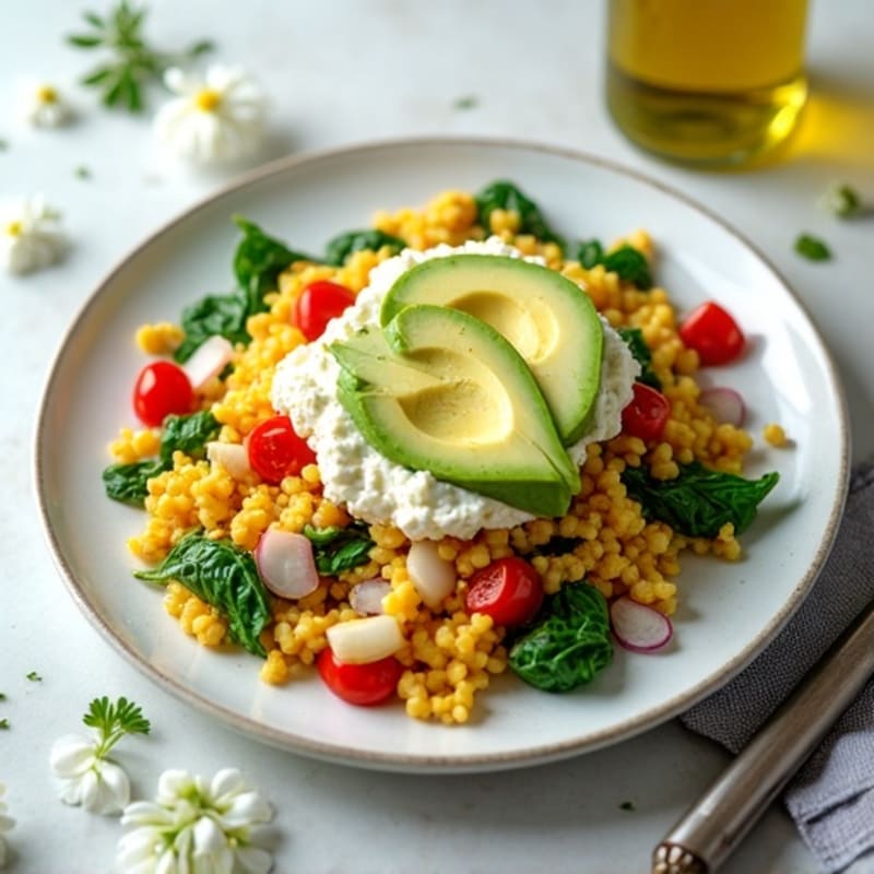 Egg White Veggie Scramble with Cottage Cheese and Sautéed Spinach