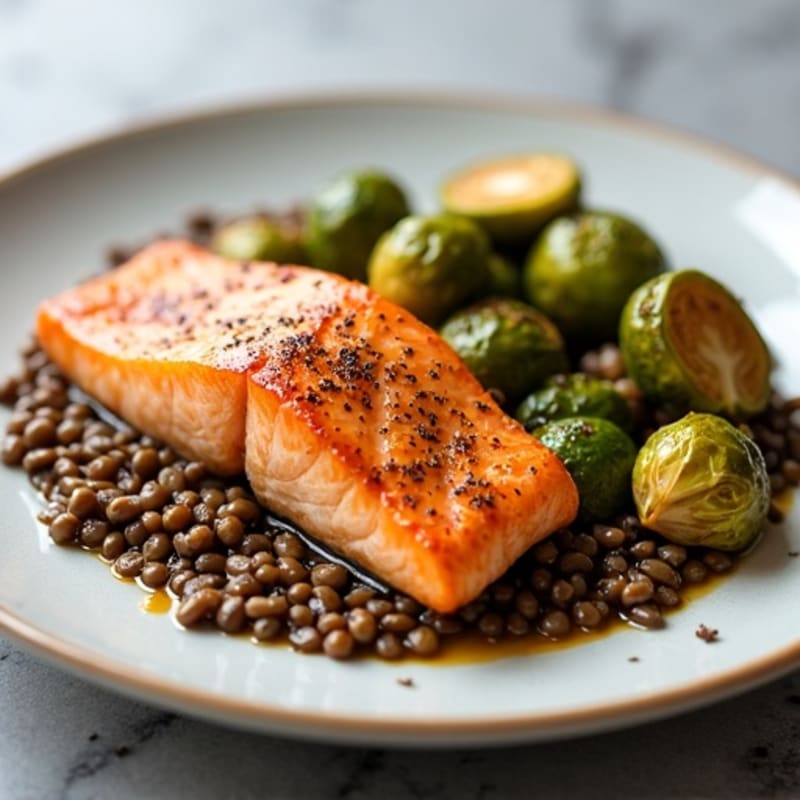 Seared Salmon with Roasted Brussels Sprouts and Lentils