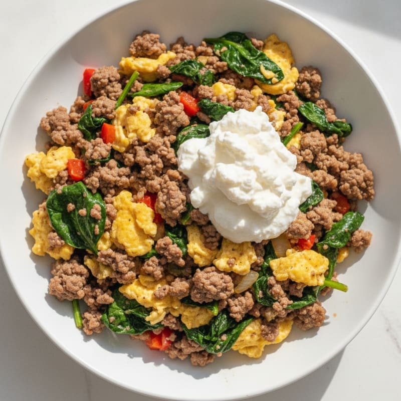 Beef and Spinach Scramble with Cottage Cheese