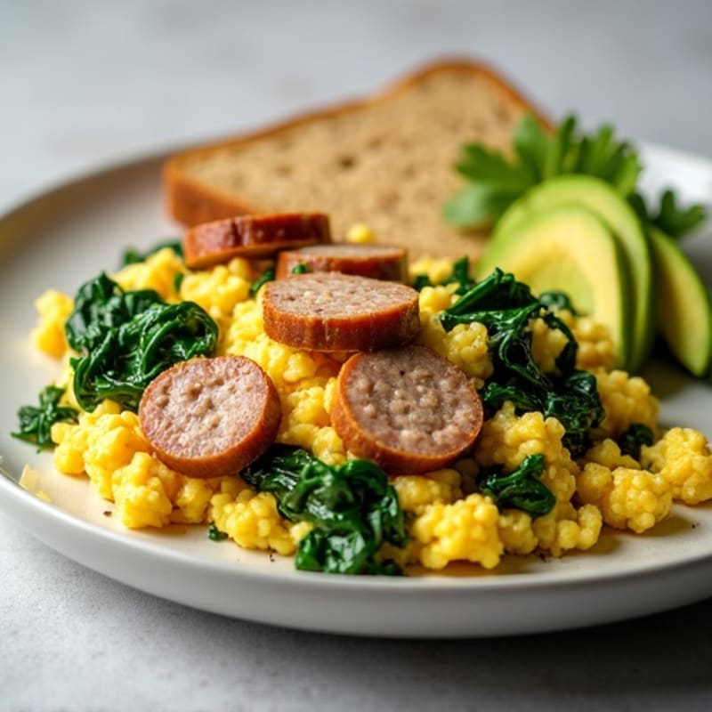 Egg White Scramble with Turkey Sausage and Sautéed Spinach