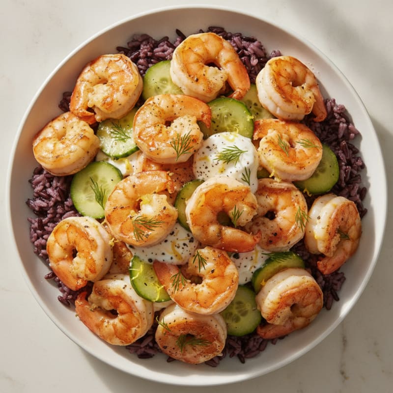 Lemon-Herb Yogurt Shrimp with Purple Rice