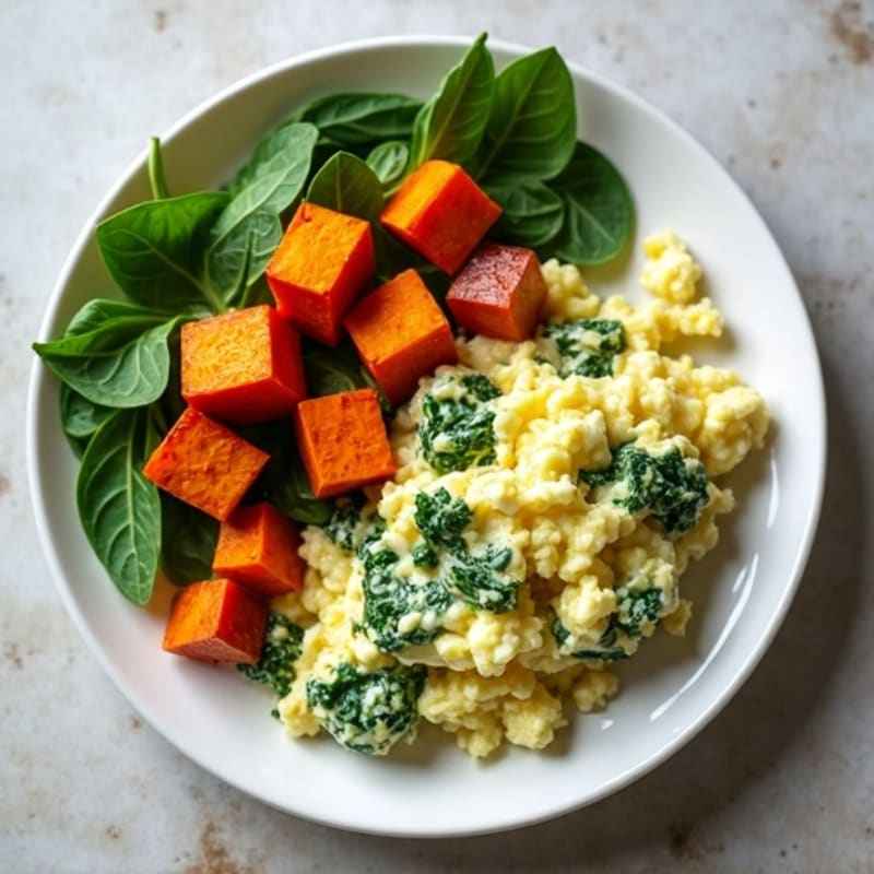 Egg White Spinach Scramble with Roasted Sweet Potato