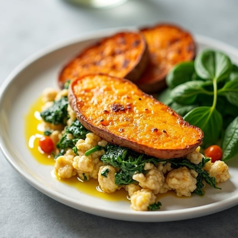 Egg White and Turkey Spinach Scramble with Roasted Sweet Potato