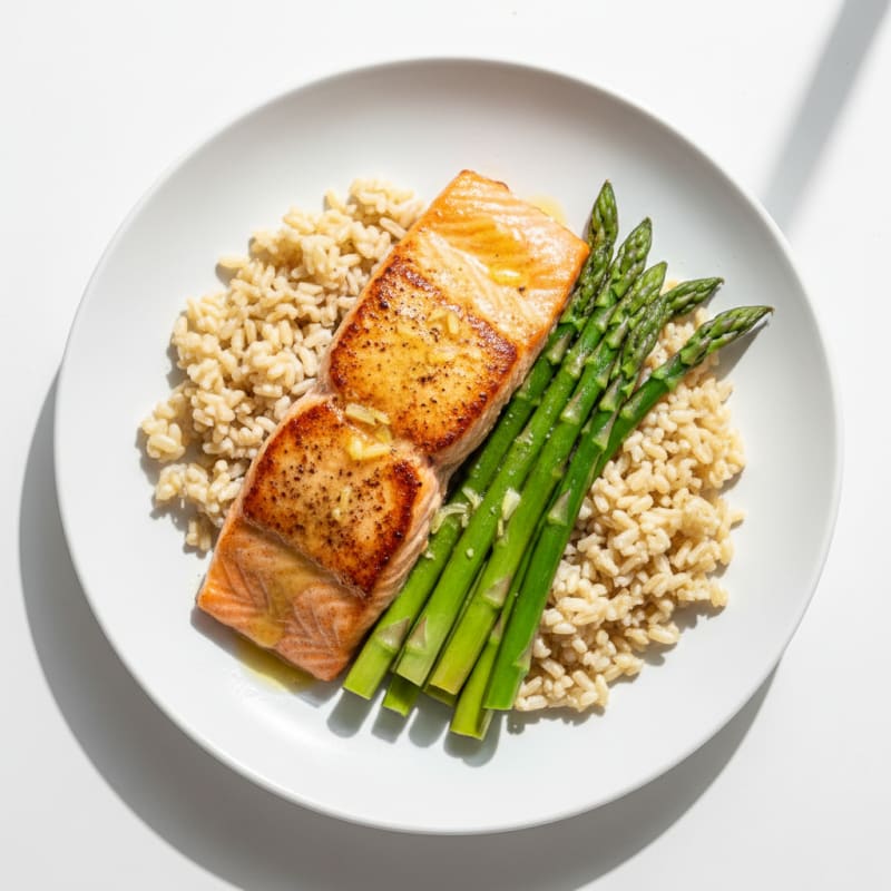 Seared Salmon with Steamed Asparagus and Brown Rice