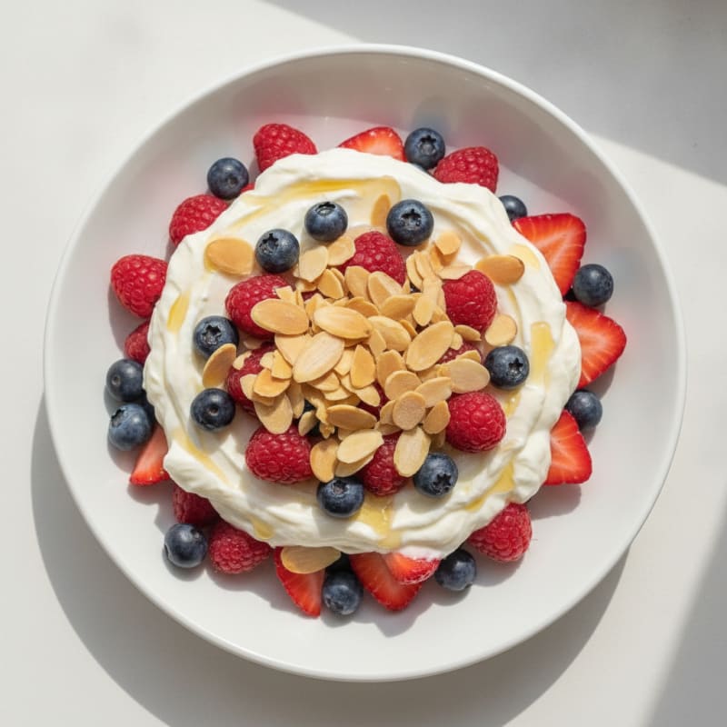Silky Greek Yogurt Protein Parfait with Mixed Berries and Almonds