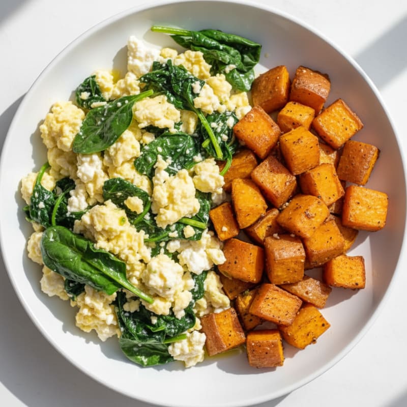 Cottage Cheese Scramble with Sautéed Spinach and Roasted Sweet Potatoes