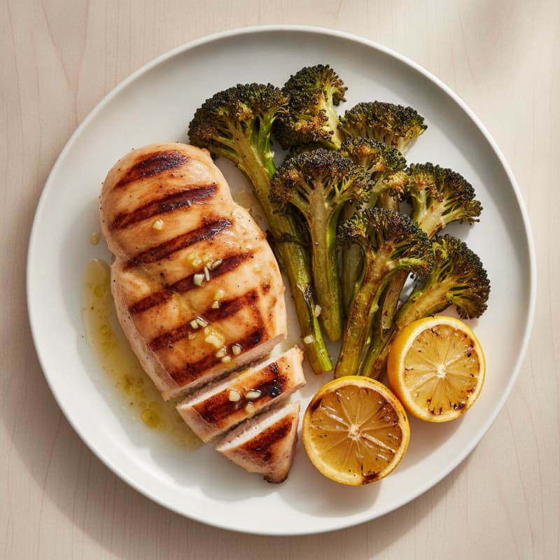 Grilled Chicken Breast with Roasted Broccoli and Lemon