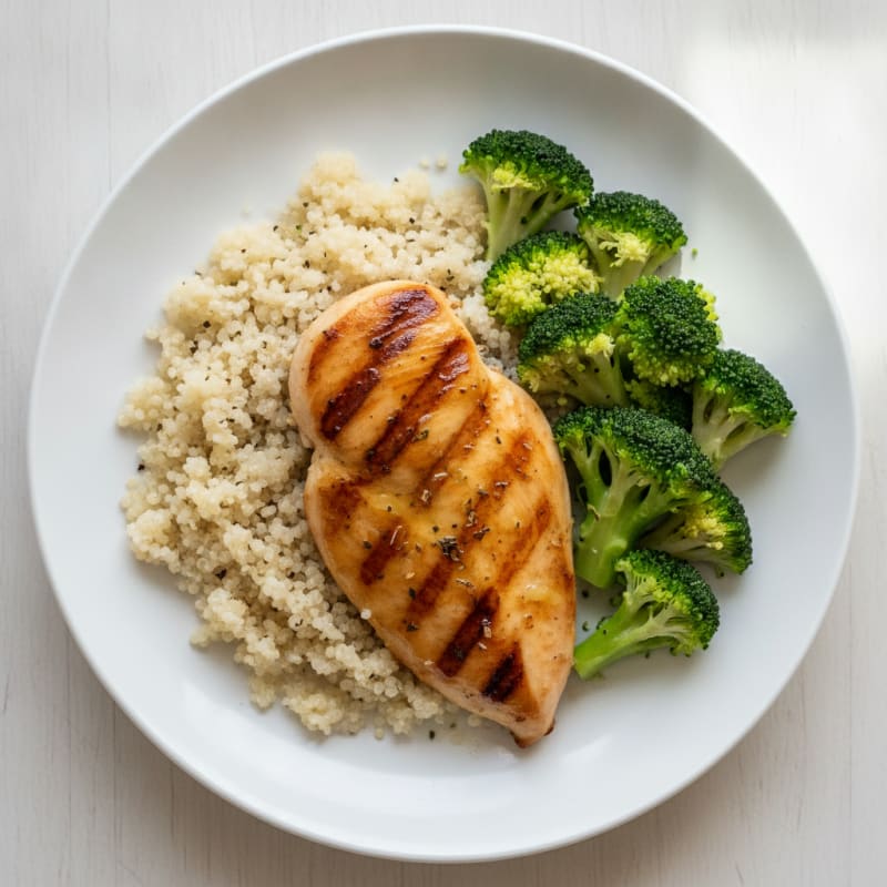 Grilled Chicken Breast with Steamed Broccoli and Quinoa
