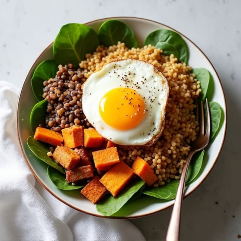 Crispy Lentil Quinoa Power Bowl with Roasted Sweet Potatoes