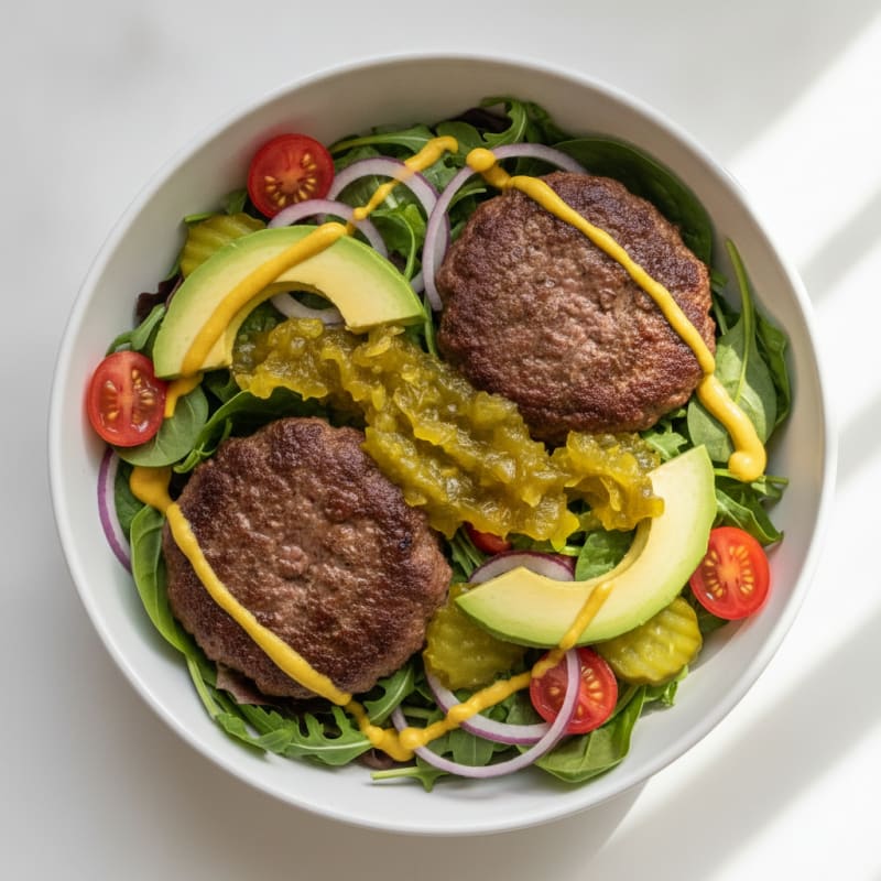 Lean Beef Burger Bowl with Mixed Greens and Pickle Relish