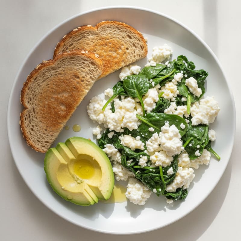 Scrambled Egg Whites with Cottage Cheese and Sautéed Spinach