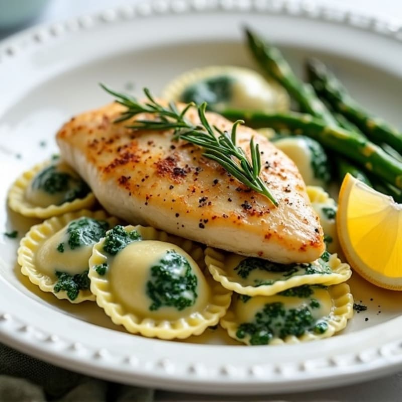Lemon Herb Chicken with Creamy Spinach Ravioli and Roasted Asparagus
