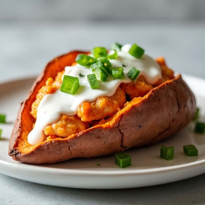 Buffalo Chicken Stuffed Sweet Potatoes with Creamy Ranch Drizzle