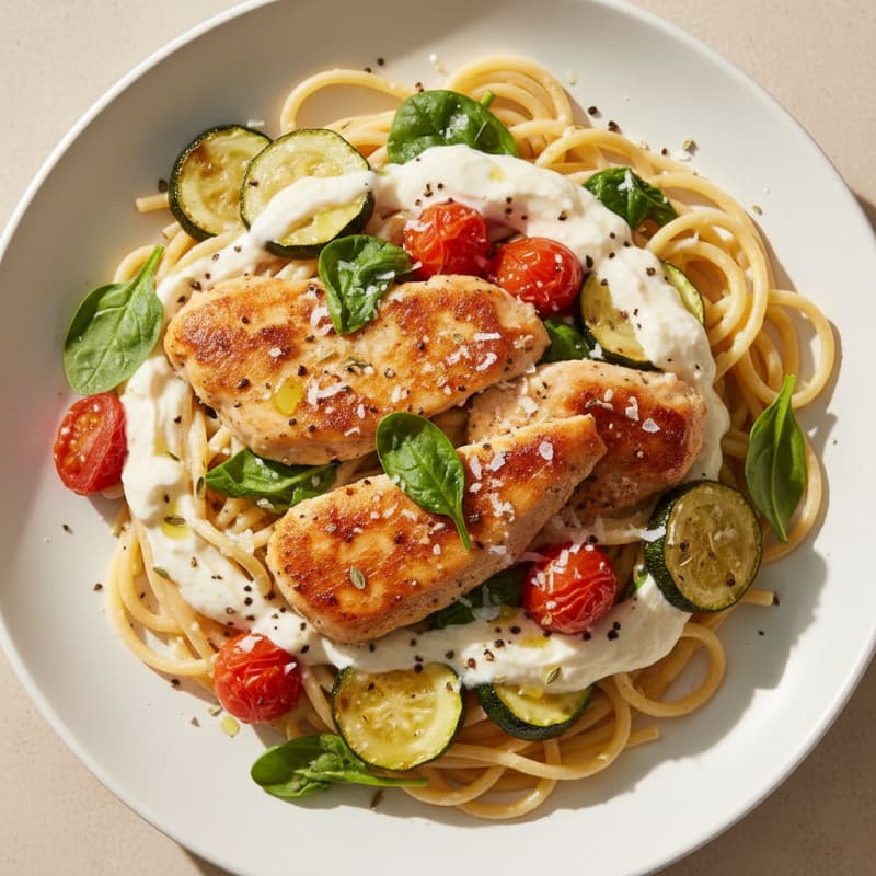 Creamy Tuscan Chicken Spaghetti with Roasted Vegetables