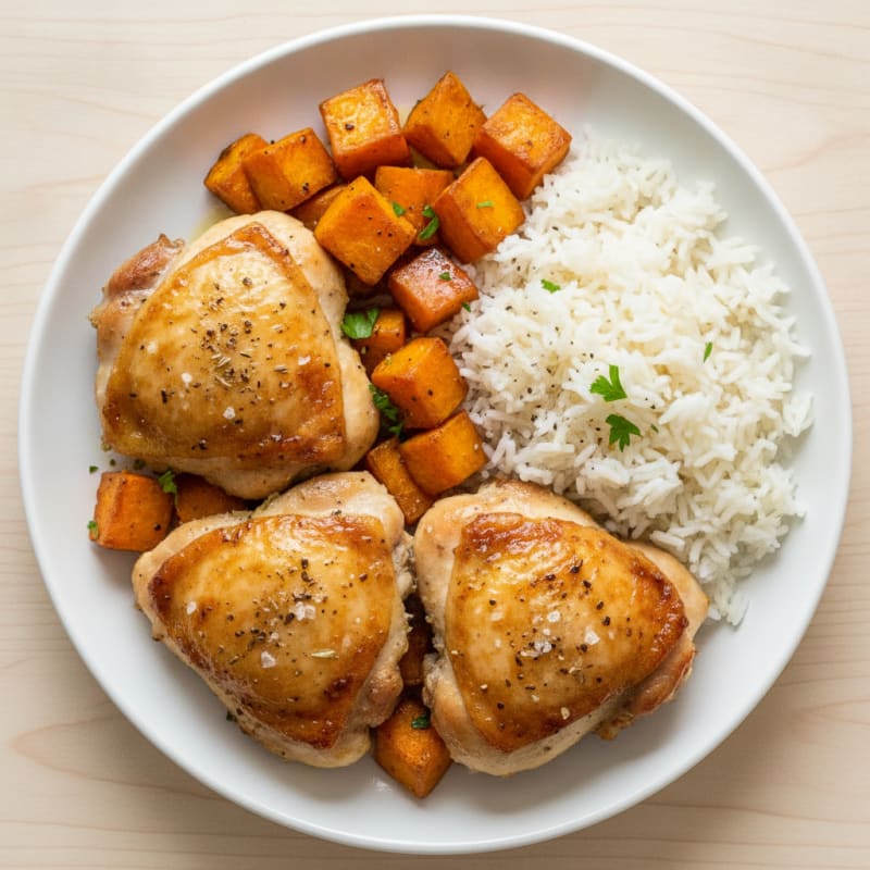 Roasted Chicken Thighs with Sweet Potatoes and Basmati Rice