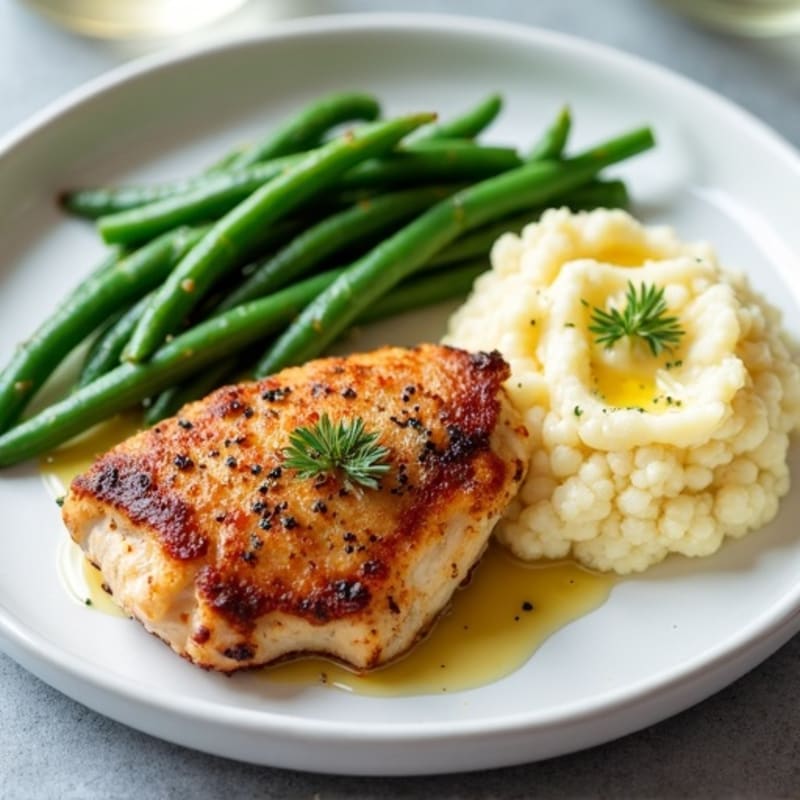 Seared Chicken Thighs with Steamed Green Beans and Cauliflower Mash